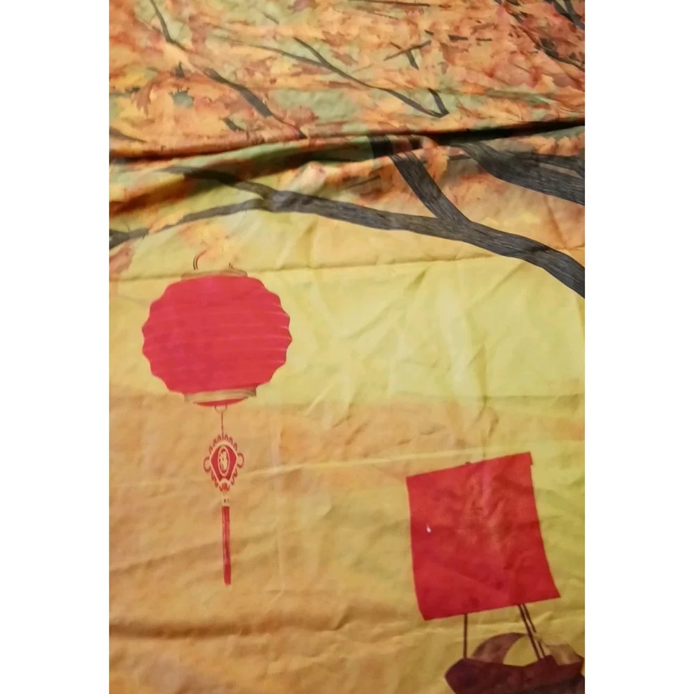 Red Lanterns Fall Shower Curtain Green Red Maple Leaves